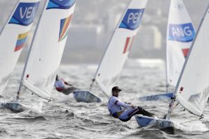 Trinidad and Tobago's Andrew Lewis, right, competes during the Laser men event at the 2016 Summer Olympics in Rio de Janeiro, Brazil, Monday, Aug. 8, 2016. (AP Photo/Gregorio Borgia)